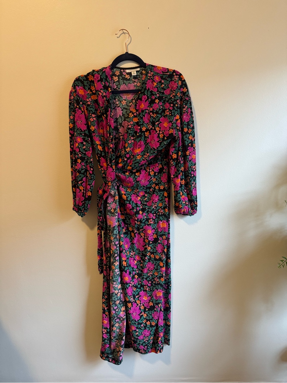 Topshop Black Floral Wrap Midi Dress with Pink Accents